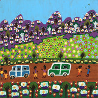 Aboriginal Artwork by Margaret Boko, Going to school in a toyota, 40x40cm