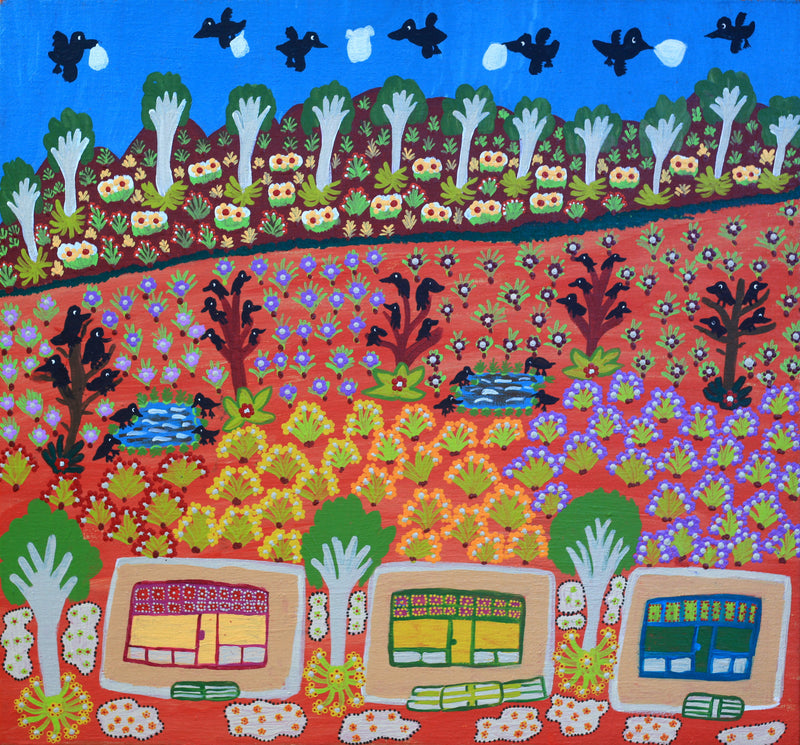 Aboriginal Artwork by Margaret Boko, Tjulpu - Birds Playing With Plastic Bags, 61x57cm