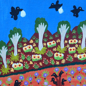 Aboriginal Artwork by Margaret Boko, Tjulpu - Birds Playing With Plastic Bags, 61x57cm - ART ARK®