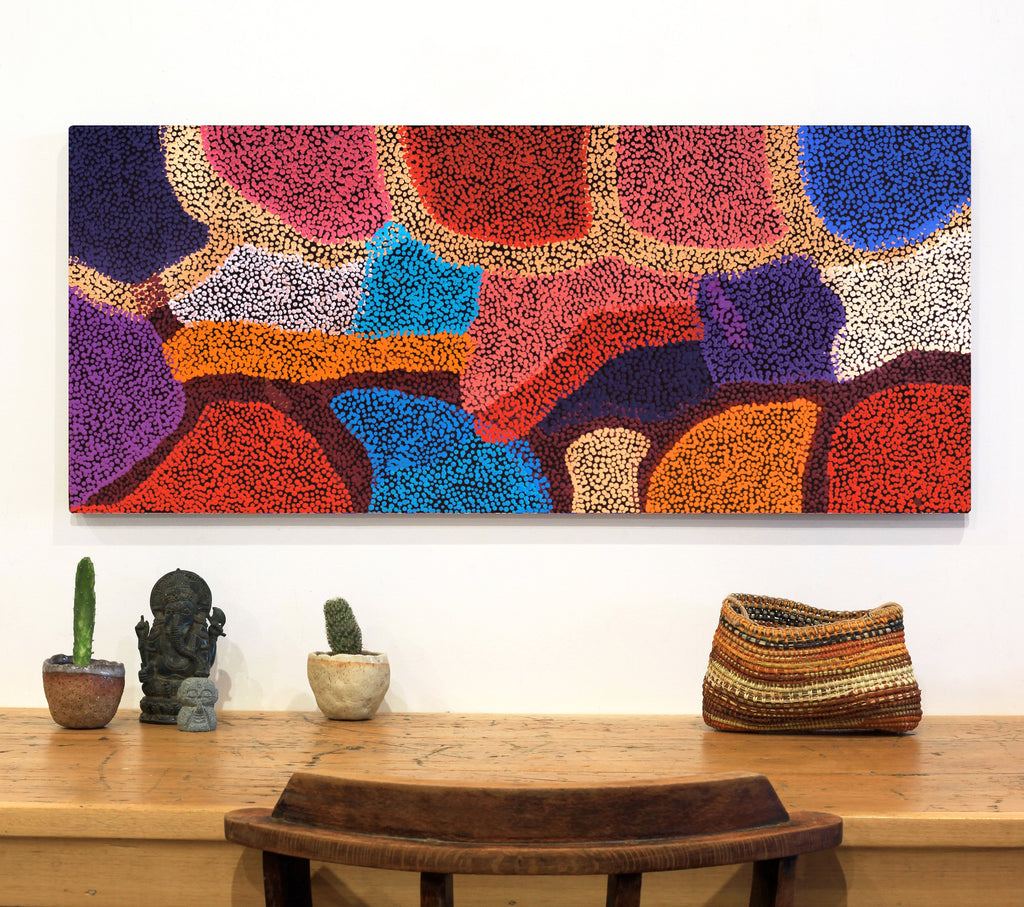 Aboriginal Artwork by Margaret Nangala Gallagher, Yankirri Jukurrpa (Emu Dreaming), 107x46cm