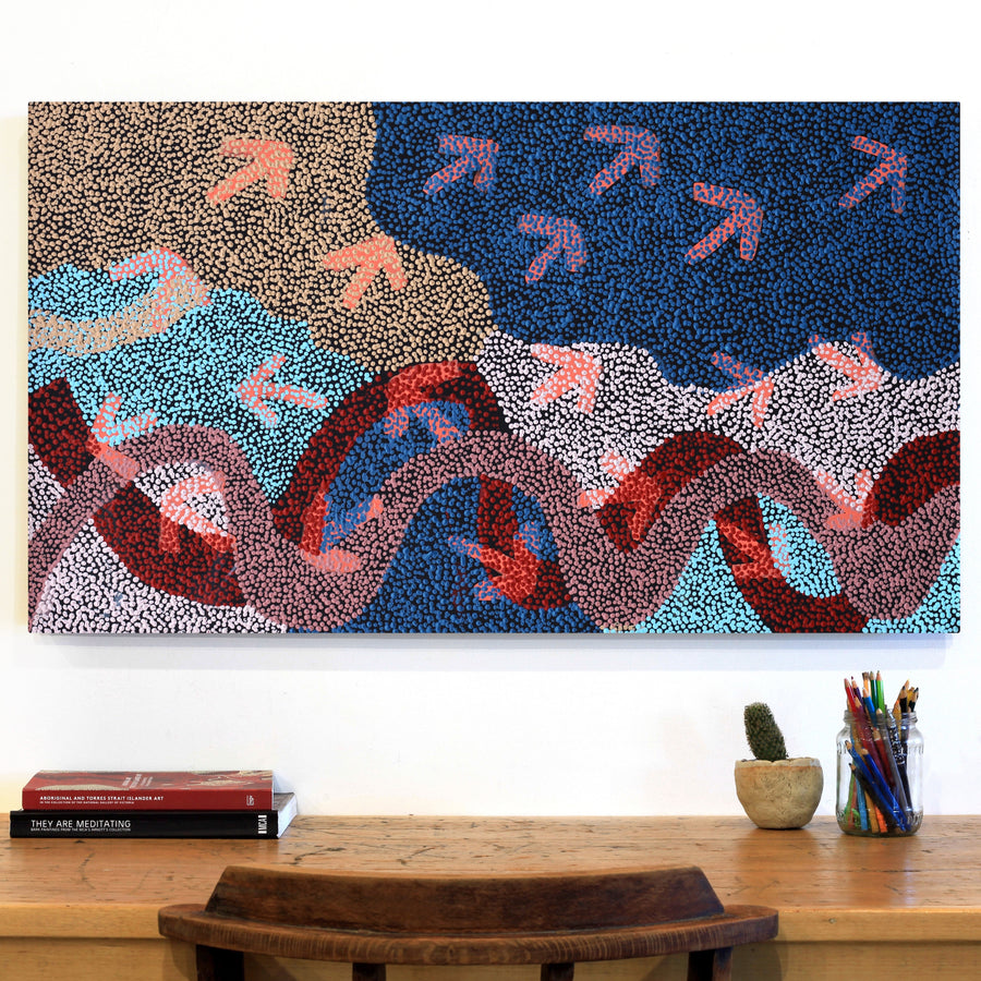 Aboriginal Artwork by Margaret Nangala Gallagher, Yankirri Jukurrpa (Emu Dreaming), 107x61cm