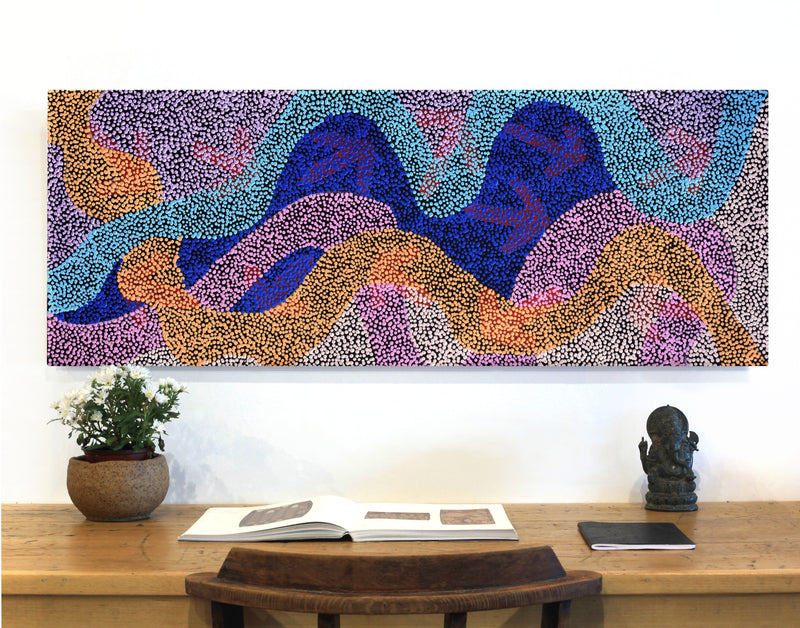 Aboriginal Artwork by Margaret Nangala Gallagher, Yankirri Jukurrpa (Emu Dreaming), 122x46cm