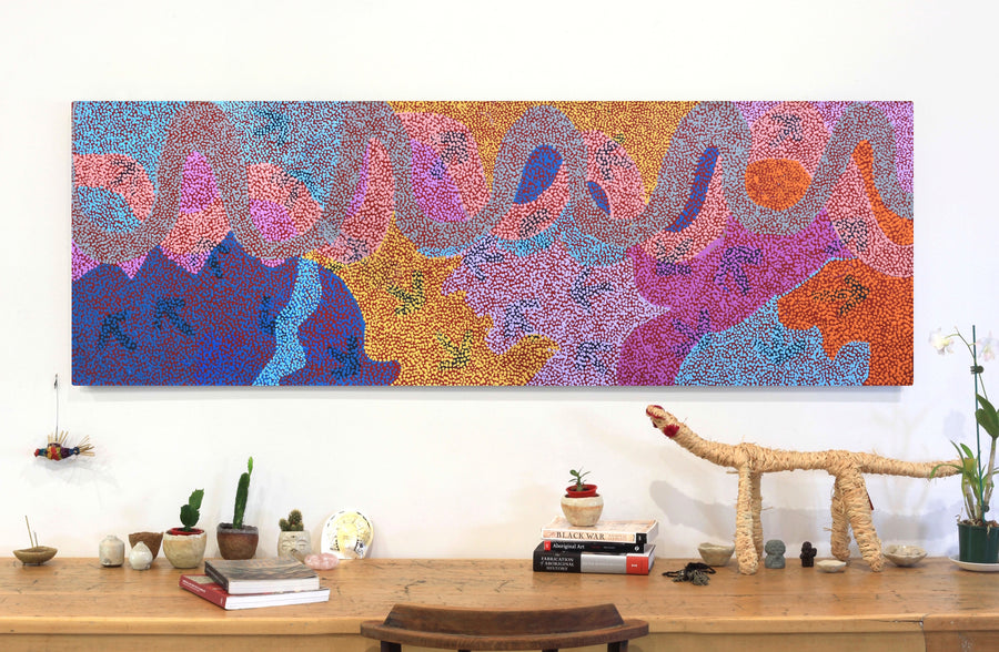 Aboriginal Artwork by Margaret Nangala Gallagher, Yankirri Jukurrpa (Emu Dreaming), 183x61cm