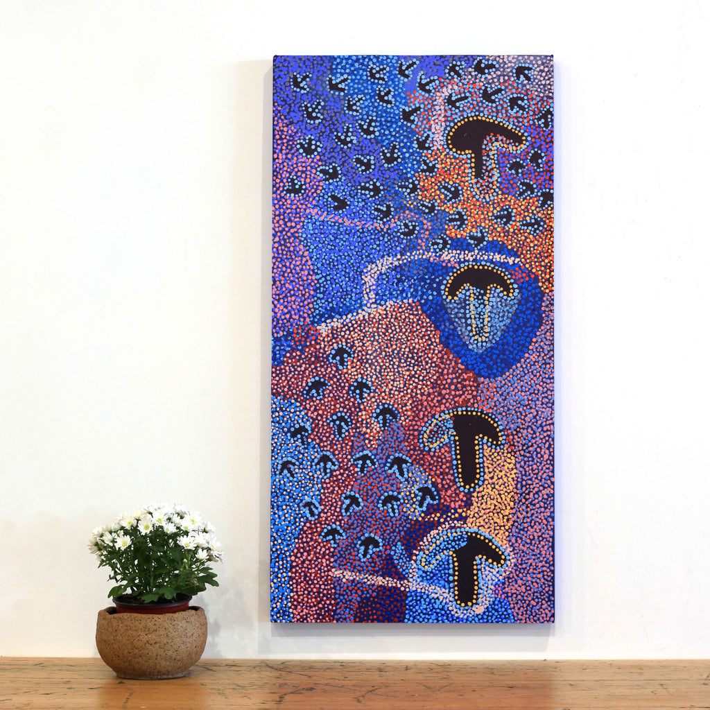 Aboriginal Artwork by Margaret Nangala Gallagher, Yankirri Jukurrpa (Emu Dreaming), 91x46cm