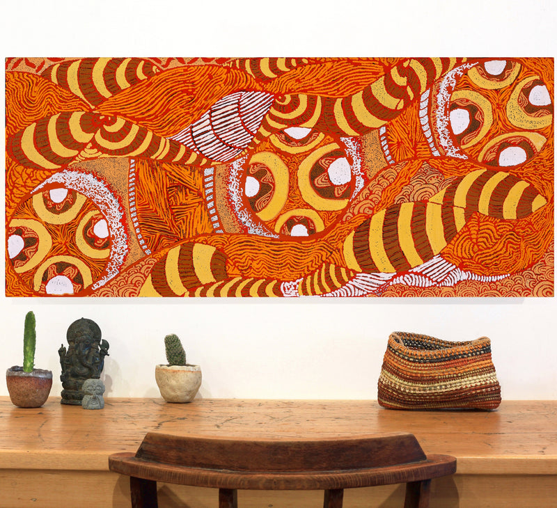 Aboriginal Artwork by Margarina Napanangka Miller, Lukarrara Jukurrpa, 107x46cm