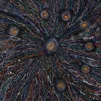 Aboriginal Artwork by Maria Nampijinpa Brown, Napaljarri-warnu Jukurrpa (Seven Sisters Dreaming), 91x91cm