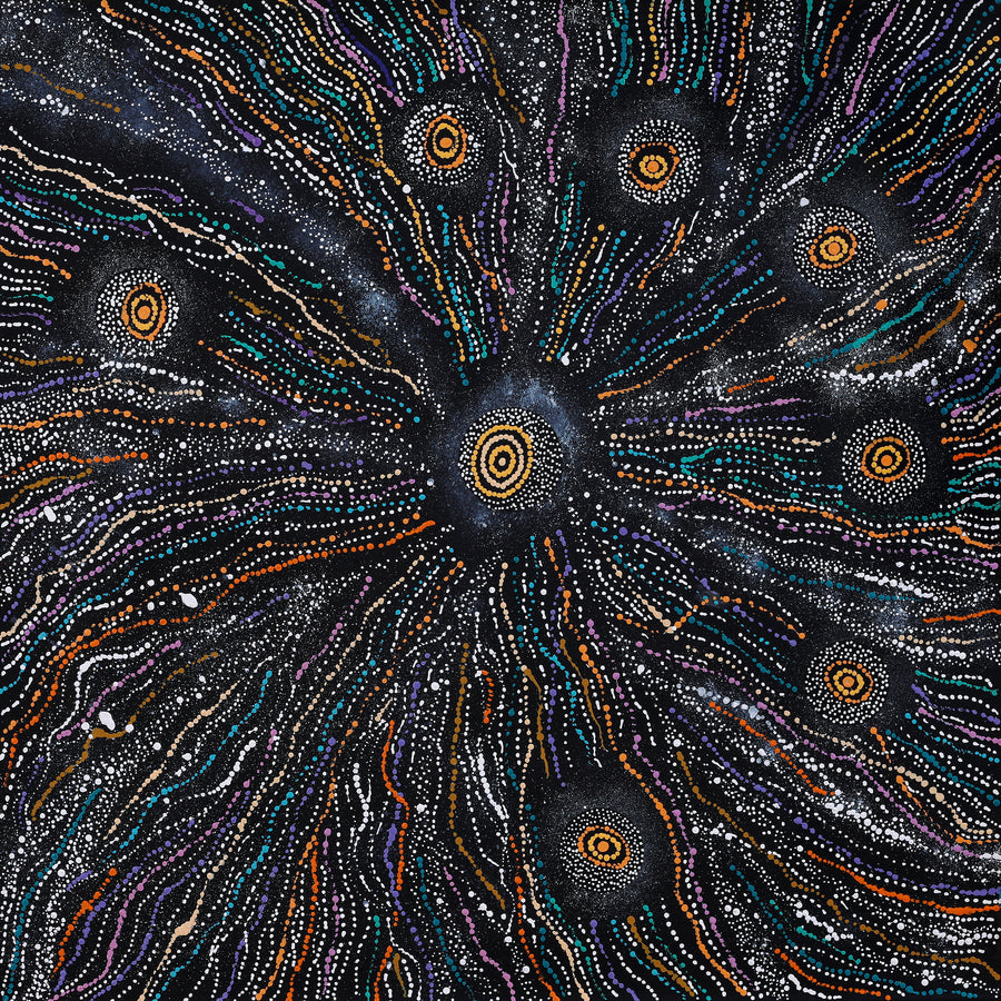 Aboriginal Artwork by Maria Nampijinpa Brown, Napaljarri-warnu Jukurrpa (Seven Sisters Dreaming), 91x91cm