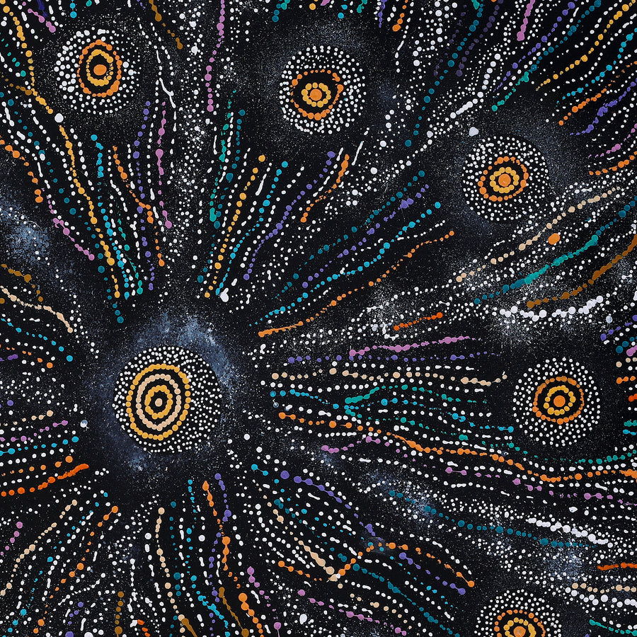 Aboriginal Artwork by Maria Nampijinpa Brown, Napaljarri-warnu Jukurrpa (Seven Sisters Dreaming), 91x91cm
