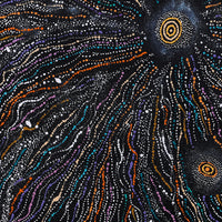Aboriginal Artwork by Maria Nampijinpa Brown, Napaljarri-warnu Jukurrpa (Seven Sisters Dreaming), 91x91cm