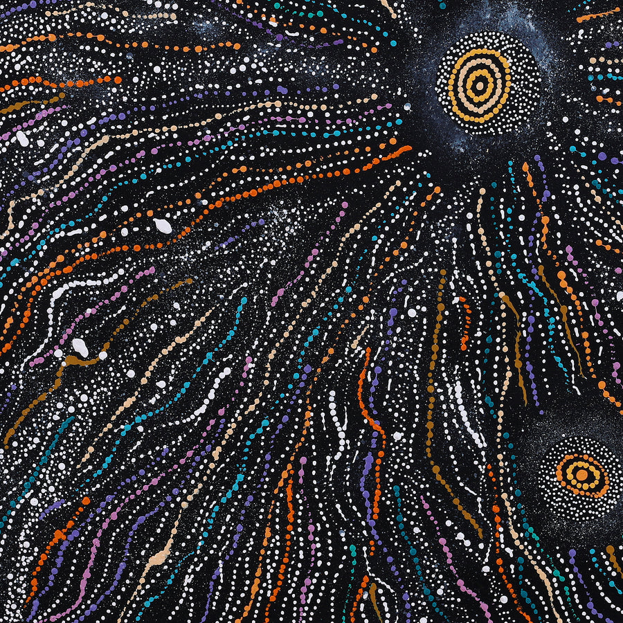 Aboriginal Artwork by Maria Nampijinpa Brown, Napaljarri-warnu Jukurrpa (Seven Sisters Dreaming), 91x91cm