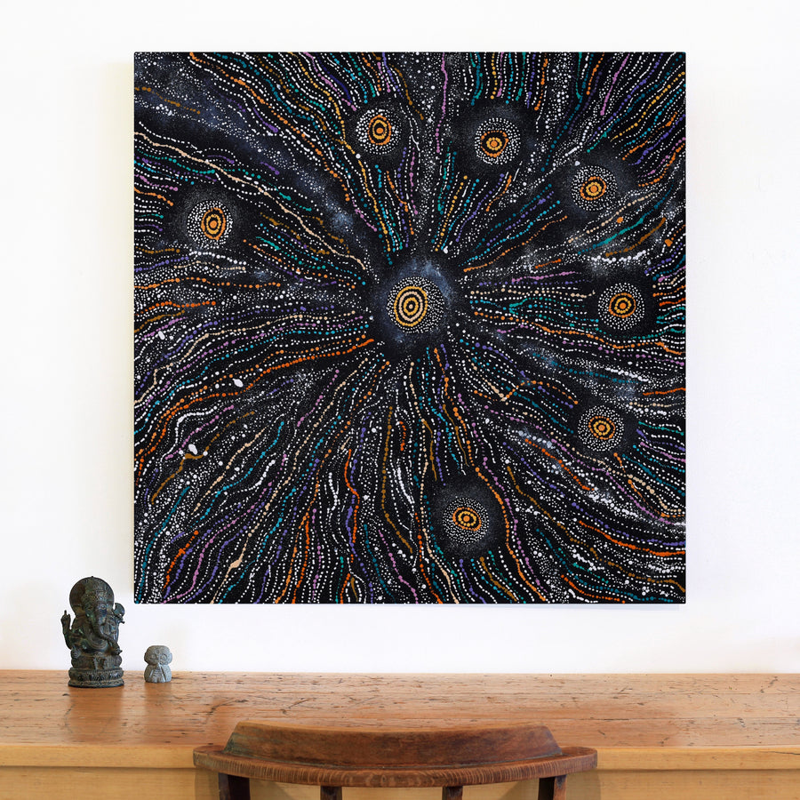Aboriginal Artwork by Maria Nampijinpa Brown, Napaljarri-warnu Jukurrpa (Seven Sisters Dreaming), 91x91cm