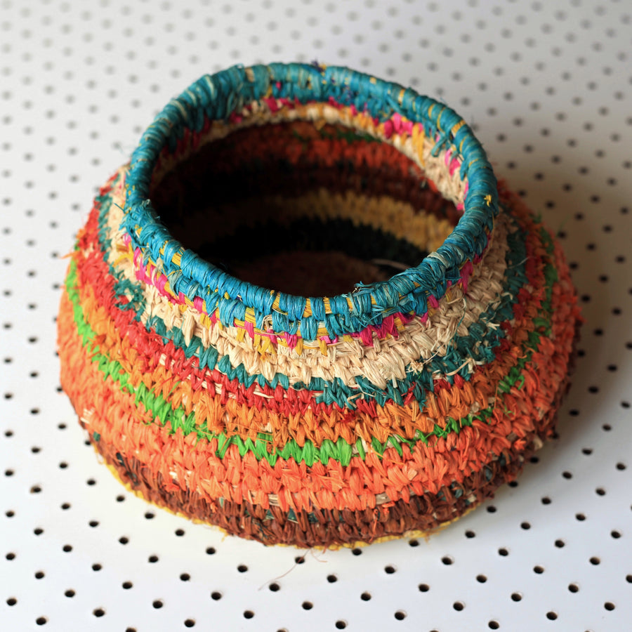 Aboriginal Artwork by Tjanpi basket, Marlene Brumby, Iwantja (24x24x15cm)