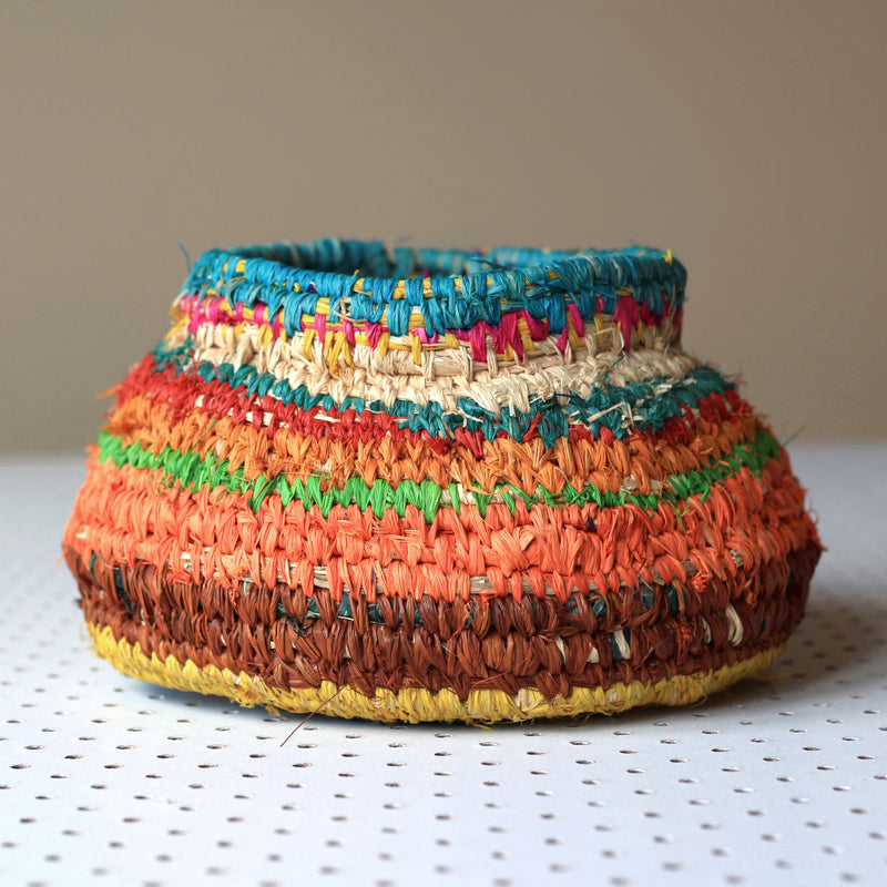 Aboriginal Artwork by Tjanpi basket, Marlene Brumby, Iwantja (24x24x15cm)