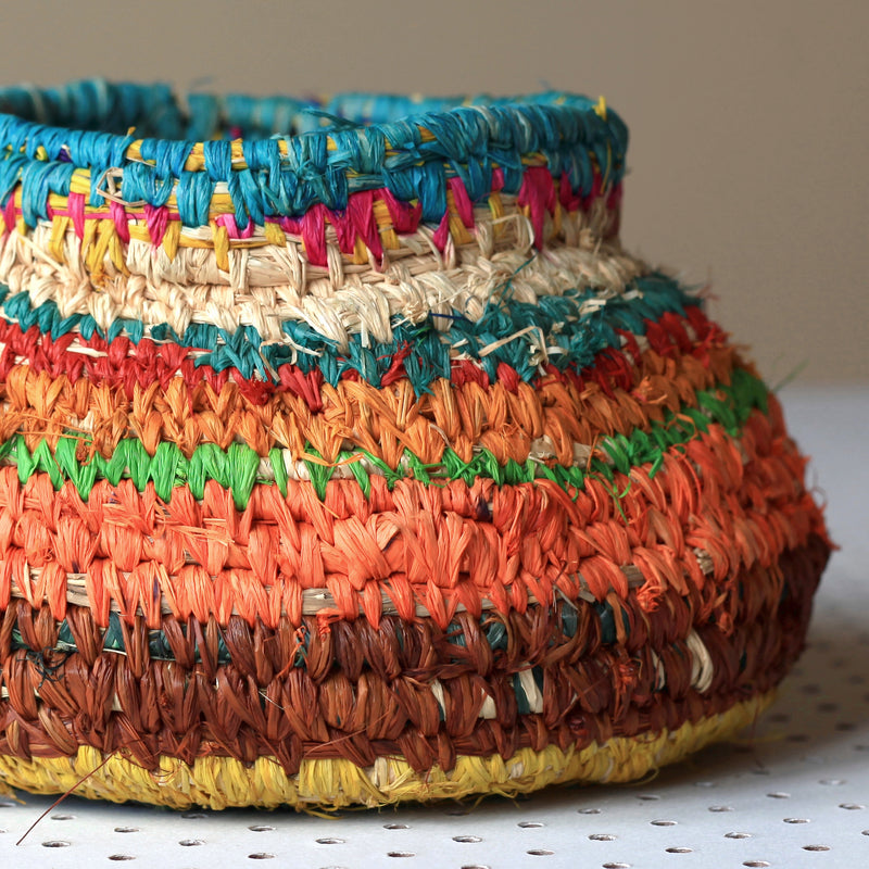 Aboriginal Artwork by Tjanpi basket, Marlene Brumby, Iwantja (24x24x15cm)