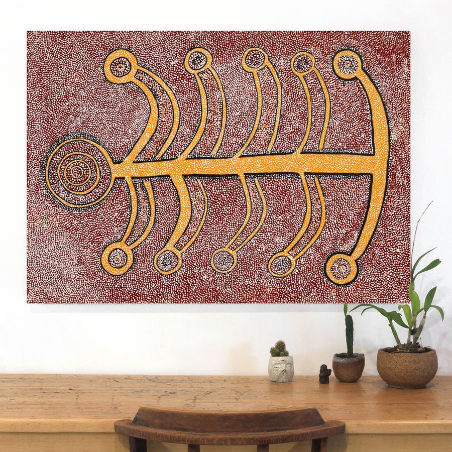 Aboriginal Artwork by Marshall Japangardi Poulson, Pikilyi Jukurrpa (Vaughan Springs Dreaming), 107x76cm