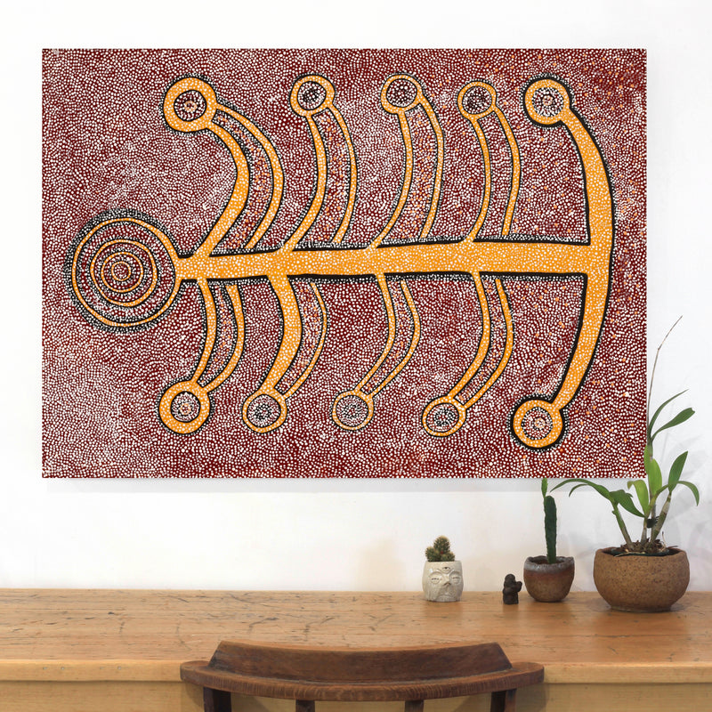 Aboriginal Artwork by Marshall Japangardi Poulson, Pikilyi Jukurrpa (Vaughan Springs Dreaming), 107x76cm