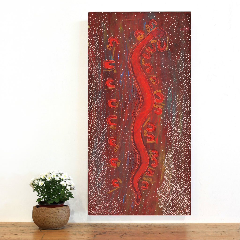 Aboriginal Artwork by Marshall Japangardi Poulson, Warna Jukurrpa (Snake Dreaming), 91x46cm