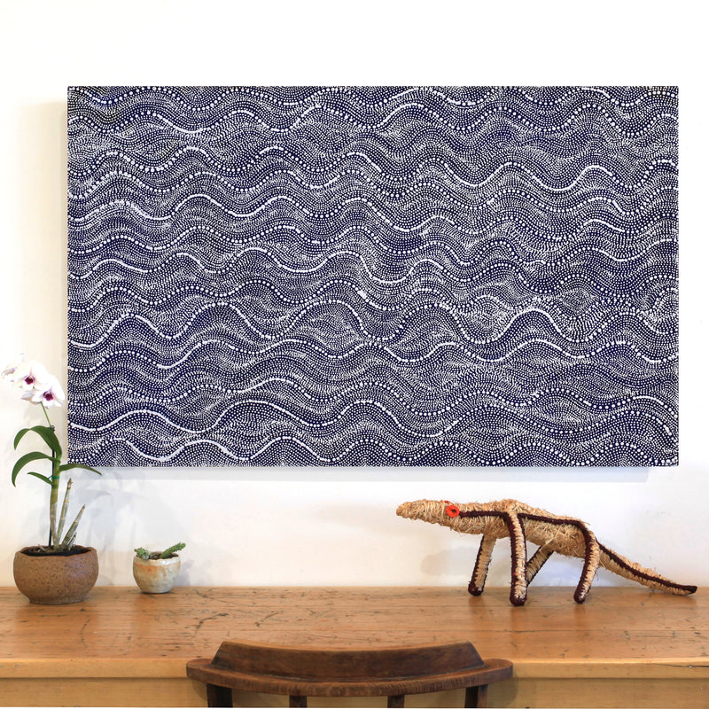 Aboriginal Artwork by Marshall Jangala Robertson, Watiya-warnu Jukurrpa (Seed Dreaming), 122x76cm