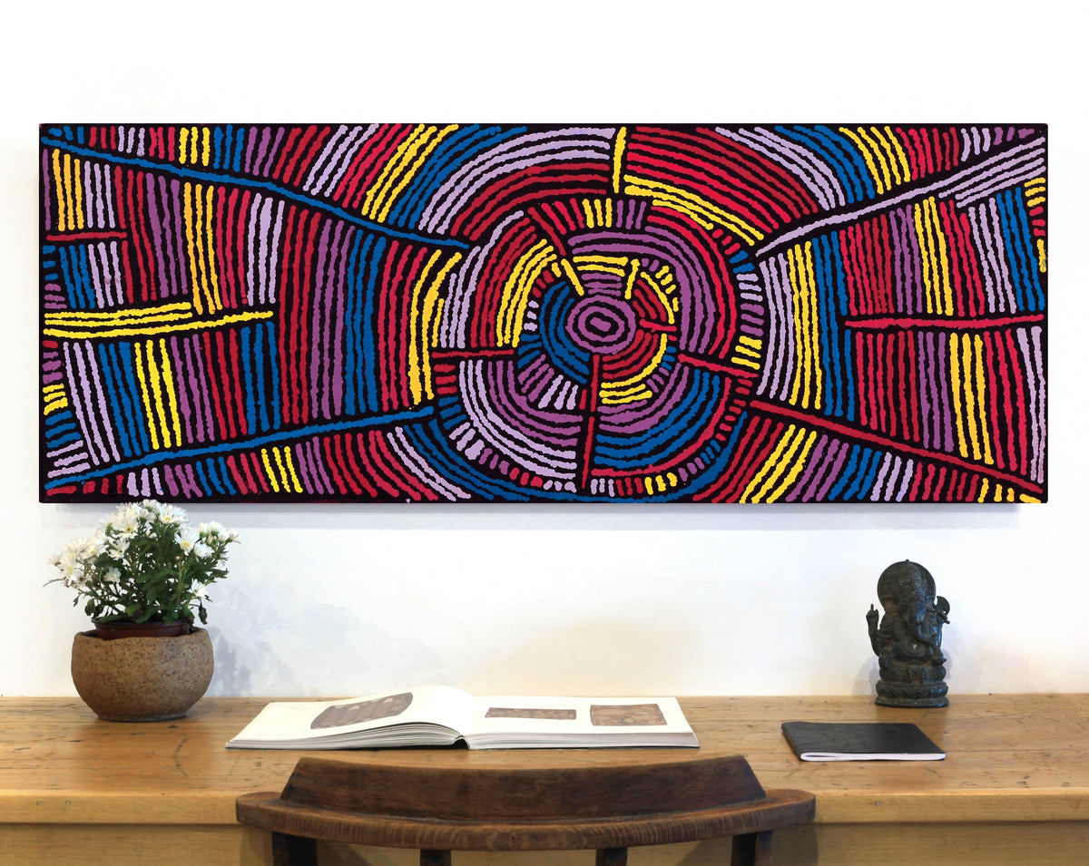 Aboriginal Art by Mary Napangardi Brown, Kurrkara Jukurrpa (Desert Oak Dreaming) - Mina Mina, 122x46cm - ART ARK®