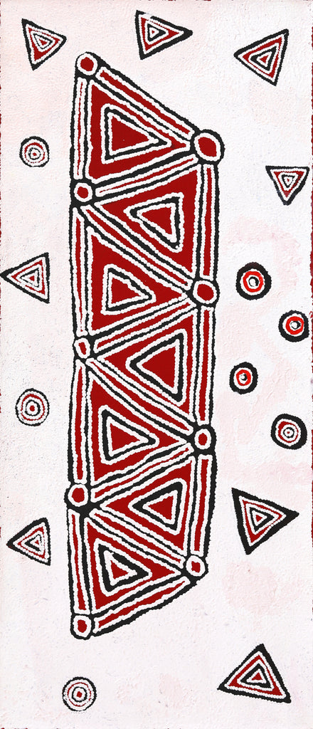 Aboriginal Artwork by Maxie Jampijinpa Pollard, Ngapa Jukurrpa (Water Dreaming) - Mikanji, 107x46cm