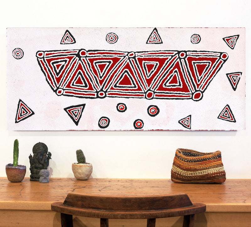 Aboriginal Artwork by Maxie Jampijinpa Pollard, Ngapa Jukurrpa (Water Dreaming) - Mikanji, 107x46cm