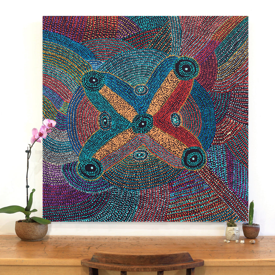 Aboriginal Artwork by Megan Nampijinpa Kantamarra, Marapinti Dreaming, 107x107cm
