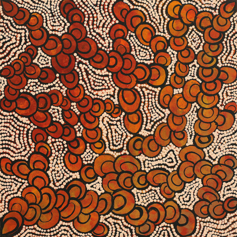 Aboriginal Artwork by Melinda Napurrurla Wilson, Lukarrara Jukurrpa (Desert Fringe-rush Seed Dreaming), 40x40cm