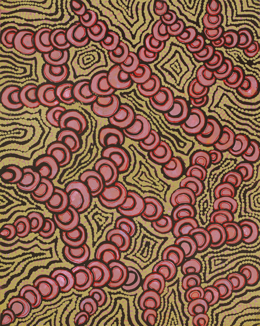 Aboriginal Artwork by Melinda Napurrurla Wilson, Lukarrara Jukurrpa (Desert Fringe-rush Seed Dreaming), 50x40cm