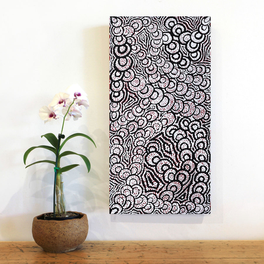 Aboriginal Artwork by Melinda Napurrurla Wilson, Lukarrara Jukurrpa (Desert Fringe-rush Seed Dreaming), 61x30cm