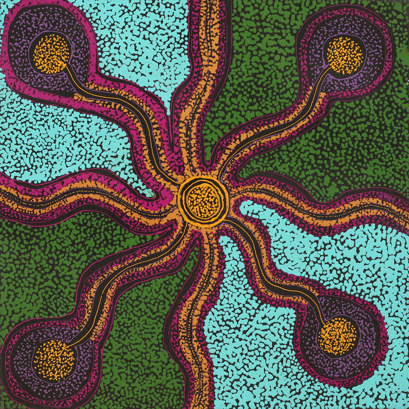 Aboriginal Artwork by Melissa Nampijinpa Karpa, Ngapa Jukurrpa (Water Dreaming) - Puyurru, 40x40cm