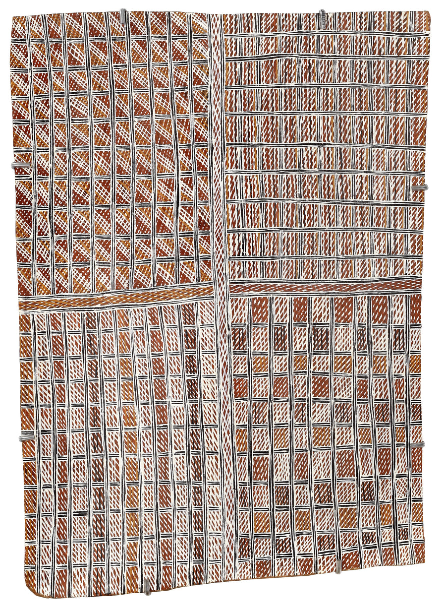 Aboriginal Artwork by Meŋa Munuŋgurr Yaŋalka, Djapu Design, 61x42cm Bark