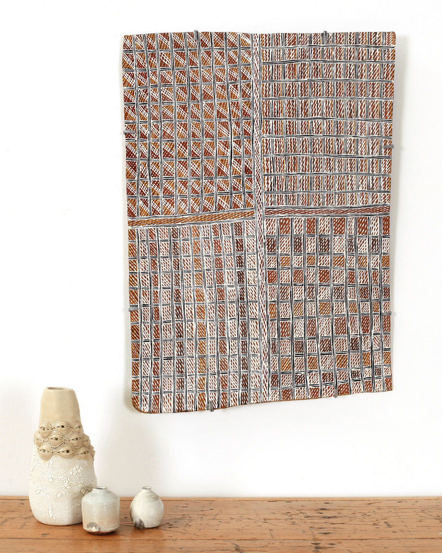 Aboriginal Artwork by Meŋa Munuŋgurr Yaŋalka, Djapu Design, 61x42cm Bark