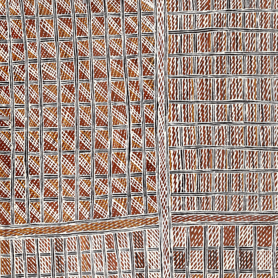 Aboriginal Artwork by Meŋa Munuŋgurr Yaŋalka, Djapu Design, 61x42cm Bark
