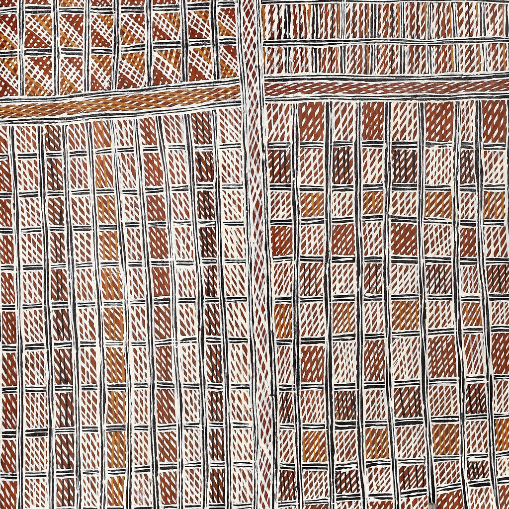 Aboriginal Artwork by Meŋa Munuŋgurr Yaŋalka, Djapu Design, 61x42cm Bark
