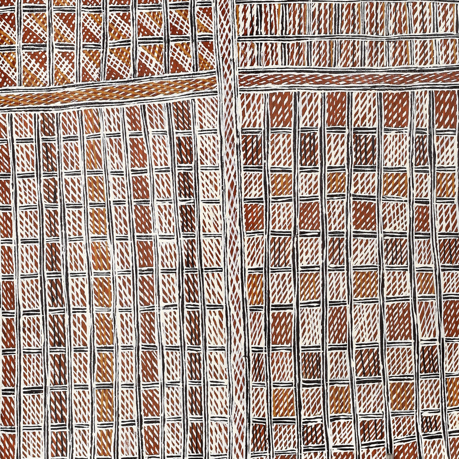 Aboriginal Artwork by Meŋa Munuŋgurr Yaŋalka, Djapu Design, 61x42cm Bark