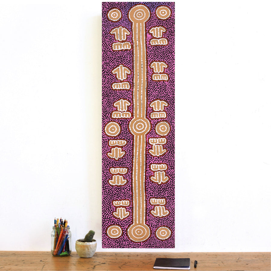 Aboriginal Artwork by Michael Japaljarri Wayne, Marlu Jukurrpa (Red Kangaroo Dreaming) Yarnardilyi & Jurnti, 107x30cm