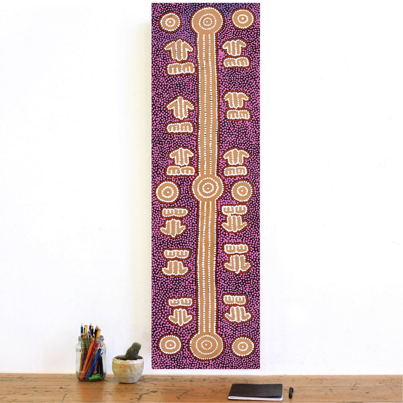 Aboriginal Artwork by Michael Japaljarri Wayne, Marlu Jukurrpa (Red Kangaroo Dreaming) Yarnardilyi & Jurnti, 107x30cm