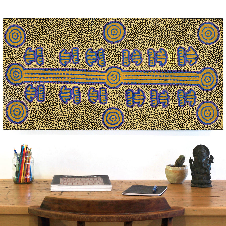 Aboriginal Artwork by Michael Japaljarri Wayne, Marlu Jukurrpa (Red Kangaroo Dreaming) Yarnardilyi & Jurnti, 91x46cm