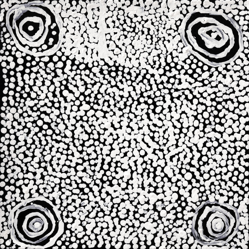 Aboriginal Artwork by Mickey Jampijinpa Singleton, Ngapa Jukurrpa (Water Dreaming) - Puyurru, 30x30cm