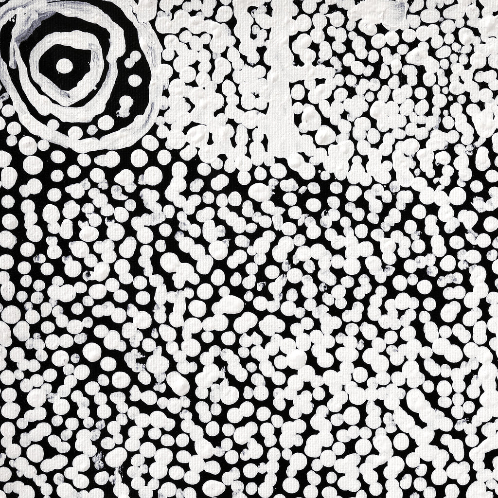 Aboriginal Artwork by Mickey Jampijinpa Singleton, Ngapa Jukurrpa (Water Dreaming) - Puyurru, 30x30cm