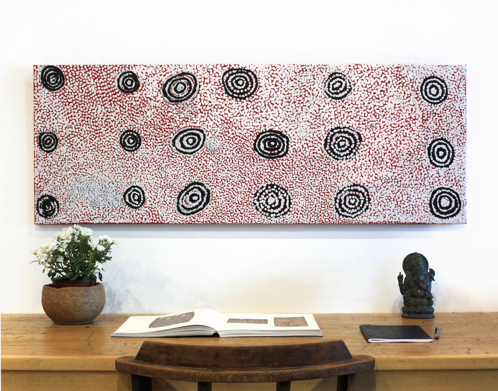 Aboriginal Artwork by Mickey Jampijinpa Singleton, Ngapa Jukurrpa (water Dreaming), 122x46cm