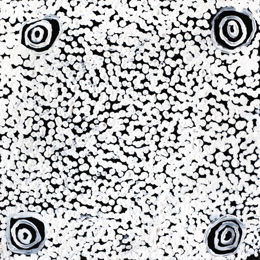 Aboriginal Artwork by Mickey Jampijinpa Singleton, Ngapa Jukurrpa (Water Dreaming) - Puyurru, 30x30cm