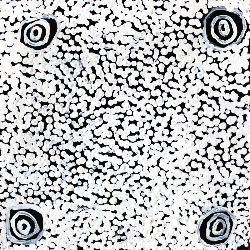 Aboriginal Artwork by Mickey Jampijinpa Singleton, Ngapa Jukurrpa (Water Dreaming) - Puyurru, 30x30cm