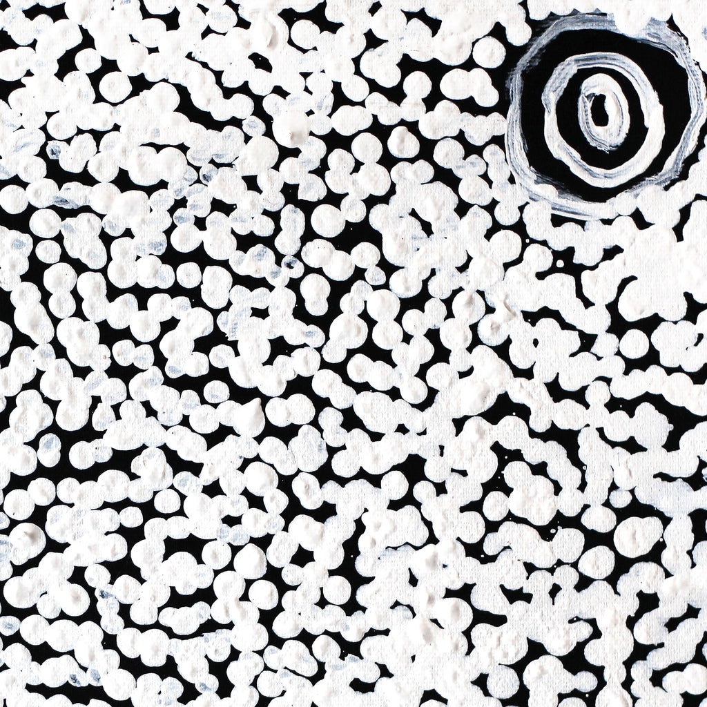 Aboriginal Artwork by Mickey Jampijinpa Singleton, Ngapa Jukurrpa (Water Dreaming) - Puyurru, 30x30cm