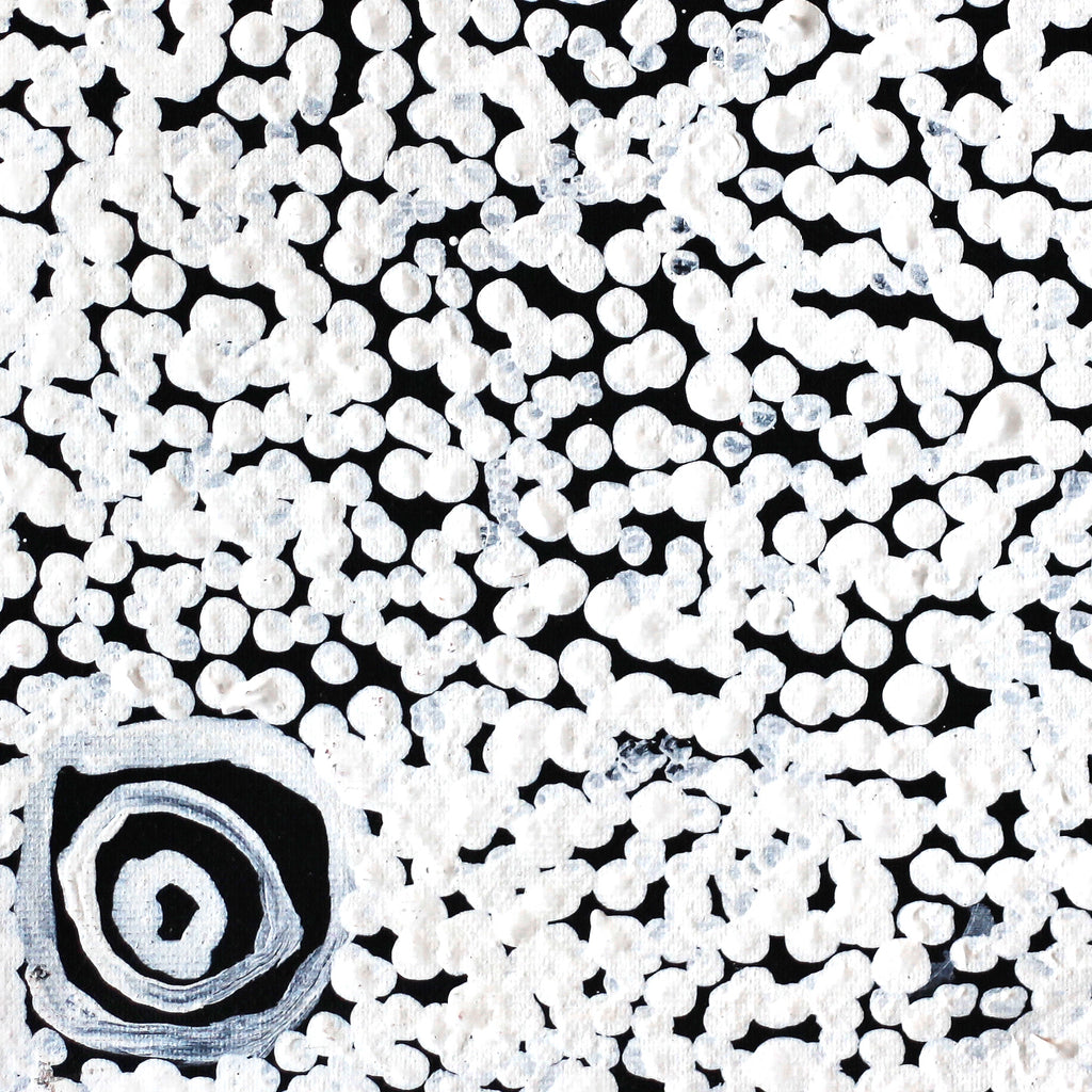 Aboriginal Artwork by Mickey Jampijinpa Singleton, Ngapa Jukurrpa (Water Dreaming) - Puyurru, 30x30cm
