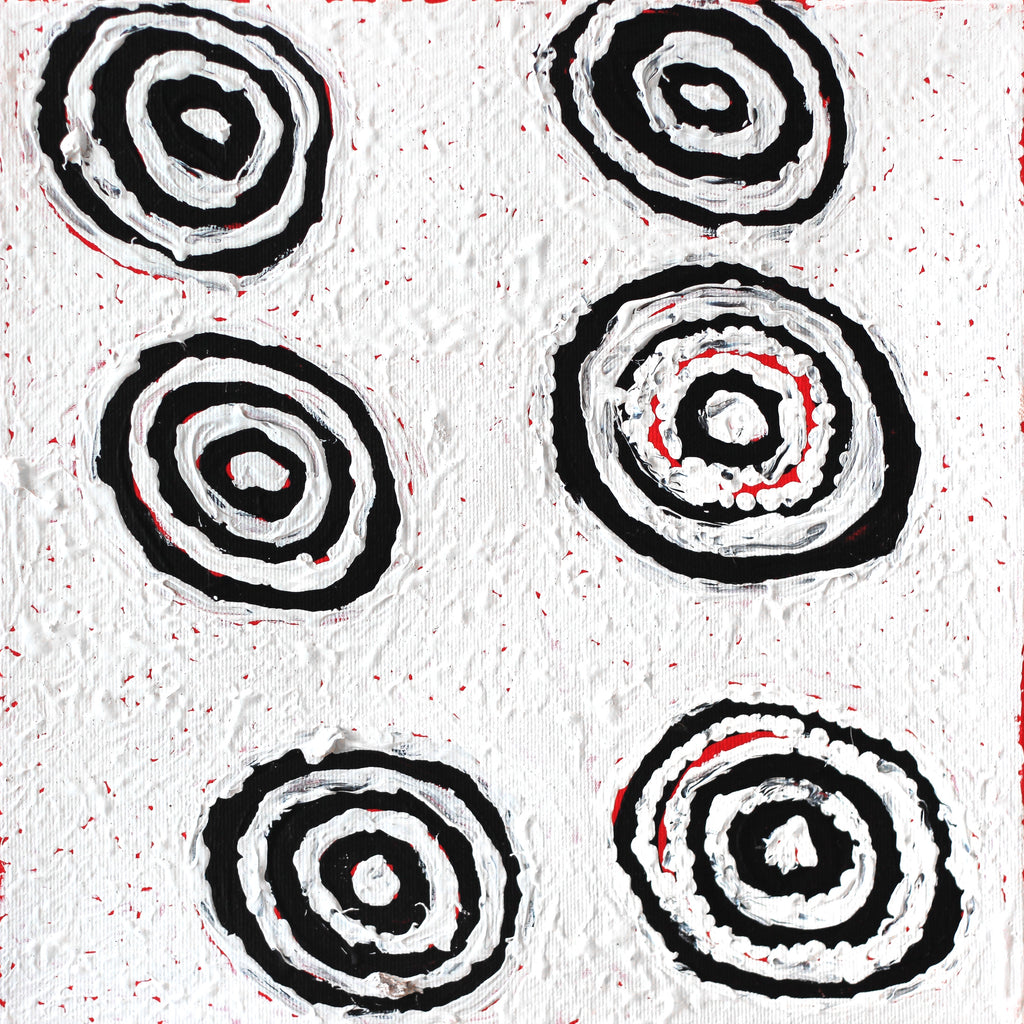 Aboriginal Artwork by Mickey Jampijinpa Singleton, Ngapa Jukurrpa (Water Dreaming) - Puyurru, 30x30cm