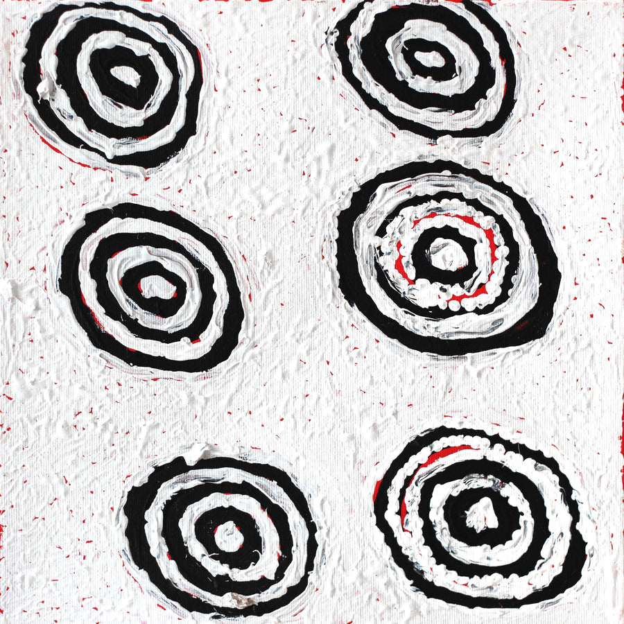 Aboriginal Artwork by Mickey Jampijinpa Singleton, Ngapa Jukurrpa (Water Dreaming) - Puyurru, 30x30cm