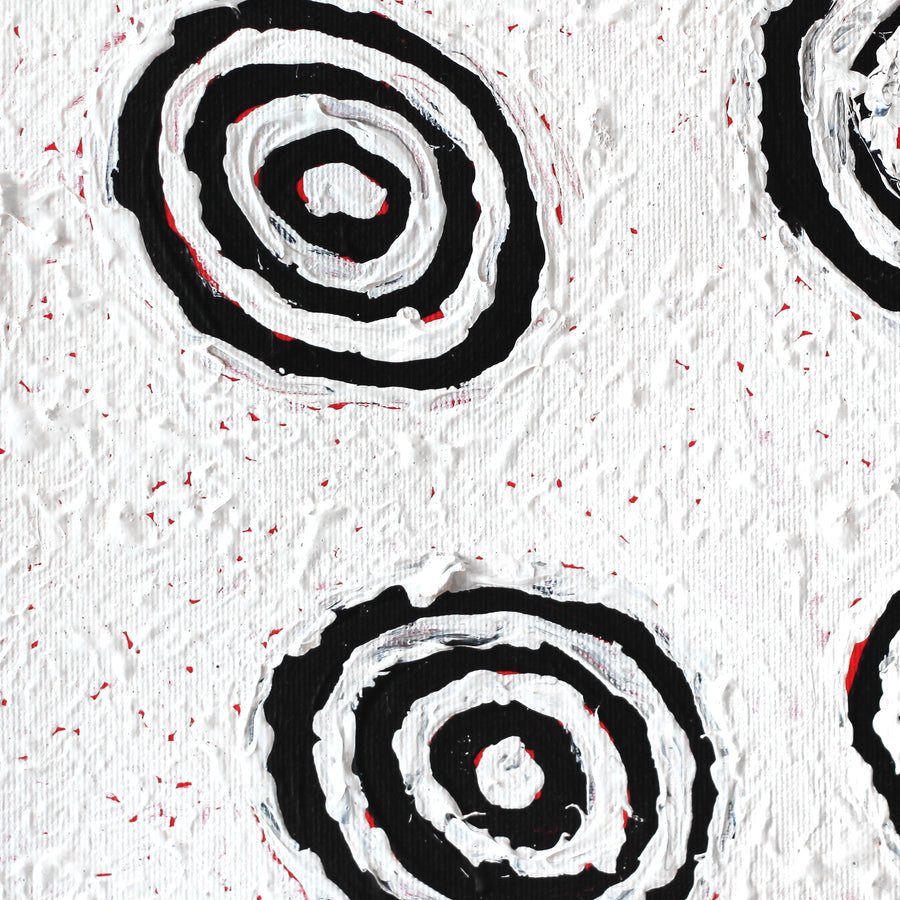 Aboriginal Artwork by Mickey Jampijinpa Singleton, Ngapa Jukurrpa (Water Dreaming) - Puyurru, 30x30cm