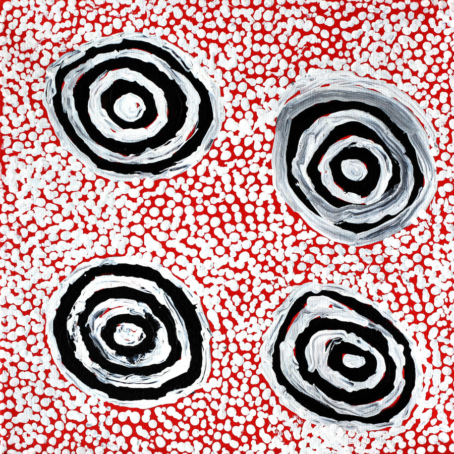Aboriginal Artwork by Mickey Jampijinpa Singleton, Ngapa Jukurrpa (Water Dreaming) - Puyurru, 30x30cm