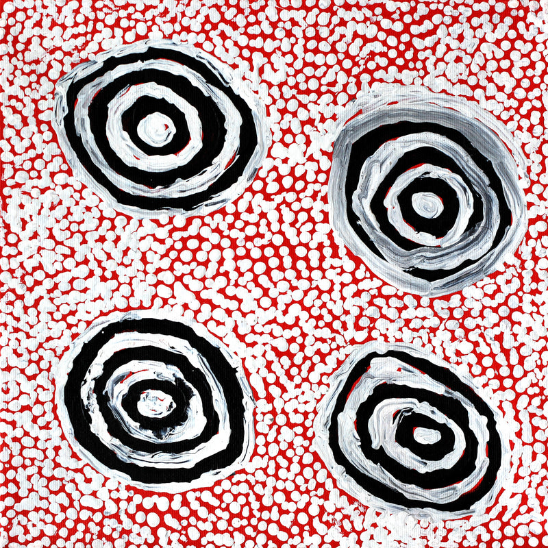 Aboriginal Artwork by Mickey Jampijinpa Singleton, Ngapa Jukurrpa (Water Dreaming) - Puyurru, 30x30cm